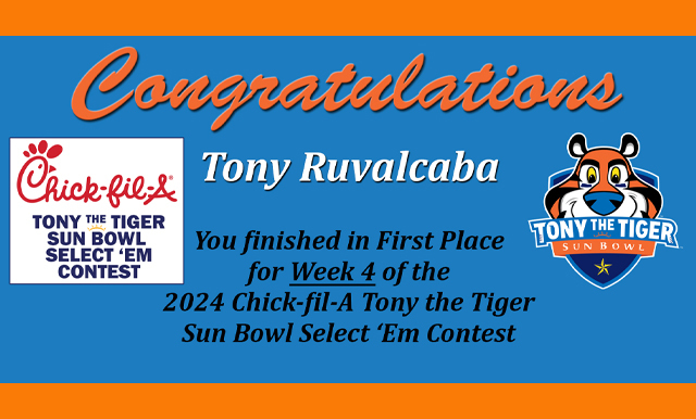 Chick-fil-A Tony the Tiger Sun Bowl Select ‘Em Contest: Weekly Winner & Upcoming Games